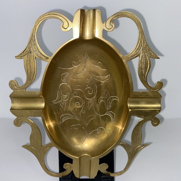 Antique Brass Ornate Ashtray 7.9” Long Heavy Thick - Picture 6 of 6